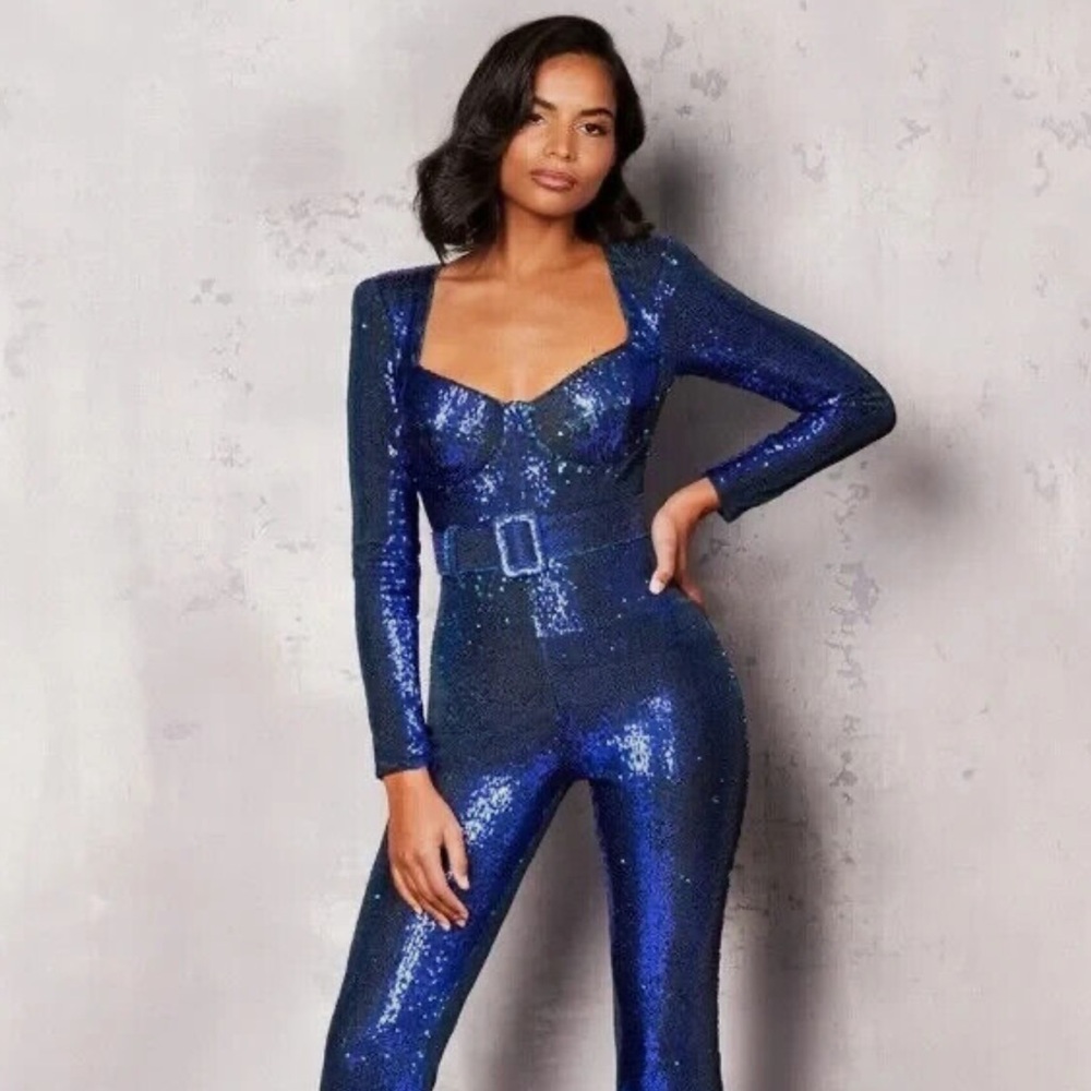 Nadine Merabi Marissa Sequin Jumpuit in Blue
